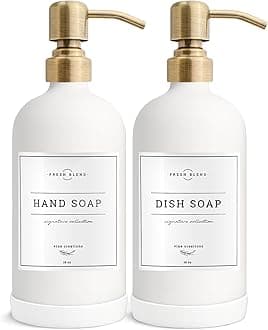 White Glass Soap Dispenser Set, 2 Pack With Stainless Steel Pump, 16 oz for Kitchen and Bathroom, Dish Soap Dispenser With Waterproof Labels