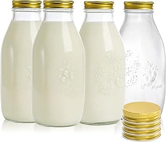 ZOOFOX 4 Pack 32 oz Glass Milk Bottle with Lids, Vintage Milk Container for Refrigerator, Glass Juice Bottles, Reusable Dairy Drinking Containers for Almond Milk, Yogurt, Smoothies, Maple Syrup, Jam