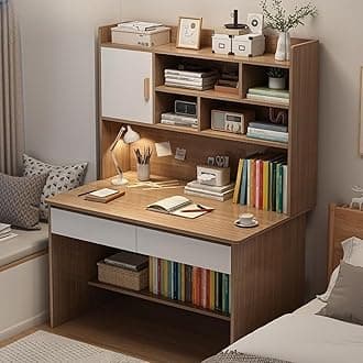 LITFAD Modern Computer Desk Work from Home Desk with Hutch, Bookcase and Integrated Cable Management, Rectangular Wood Office Desk Writing Desk 2 Drawers, 31.5" L x 17.7" W x 59.8" H, Black Oak