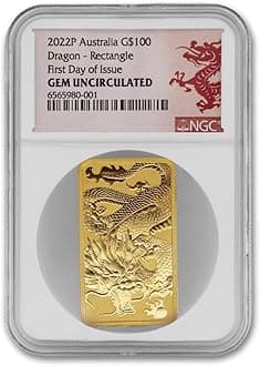2022 AU 1oz Australian Gold Dragon Bar GemUnc First Day of Issue $100 Gem Unc. NGC