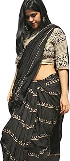 Jaanvi fashion Women's Hand Block Print Mul Cotton Saree with Blouse Piece