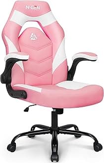 N-GEN Video Gaming Chair Ergonomic Computer Desk Office Chair with Lumbar Support Adjustable Height Swivel Wheels Flip-Up Arms PU Leather Home and Office (Pink)