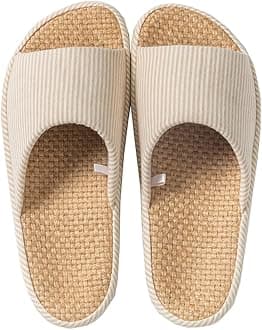 Womens House Slippers Summer Open Toe Tatami Straw Men's Indoor Shoes,Bedroom Linen Lightweight Slip Silent Slippers