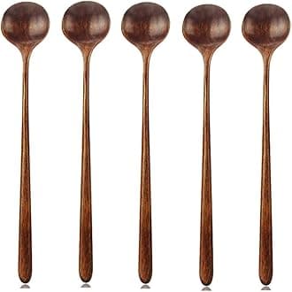 Long Spoons Wooden, 5 Pieces Korean Style 10.9 inches 100% Natural Wood Long Handle Round Spoons for Soup Mixing Stirrer Kitchen Tools Utensils, FDA Approved