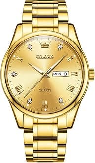 Men's Casual Stainless Steel Watch, Big Face Easy to Read Analog Quartz Watch with Day and Date, Classic Waterproof Diamond Roman Arabic Numerals Dial Dress Watch for Men, Gold Silver Black Band