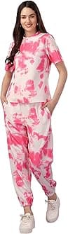 ELLITIWomen's Night Suit Set for Women, Lounge Wear, Printed Top and Pyjama Set for Women Nightwear/Loungewear/Night Dress for Women Knitted Tie & Dye Printed Crop T-Shirt -Pyjama
