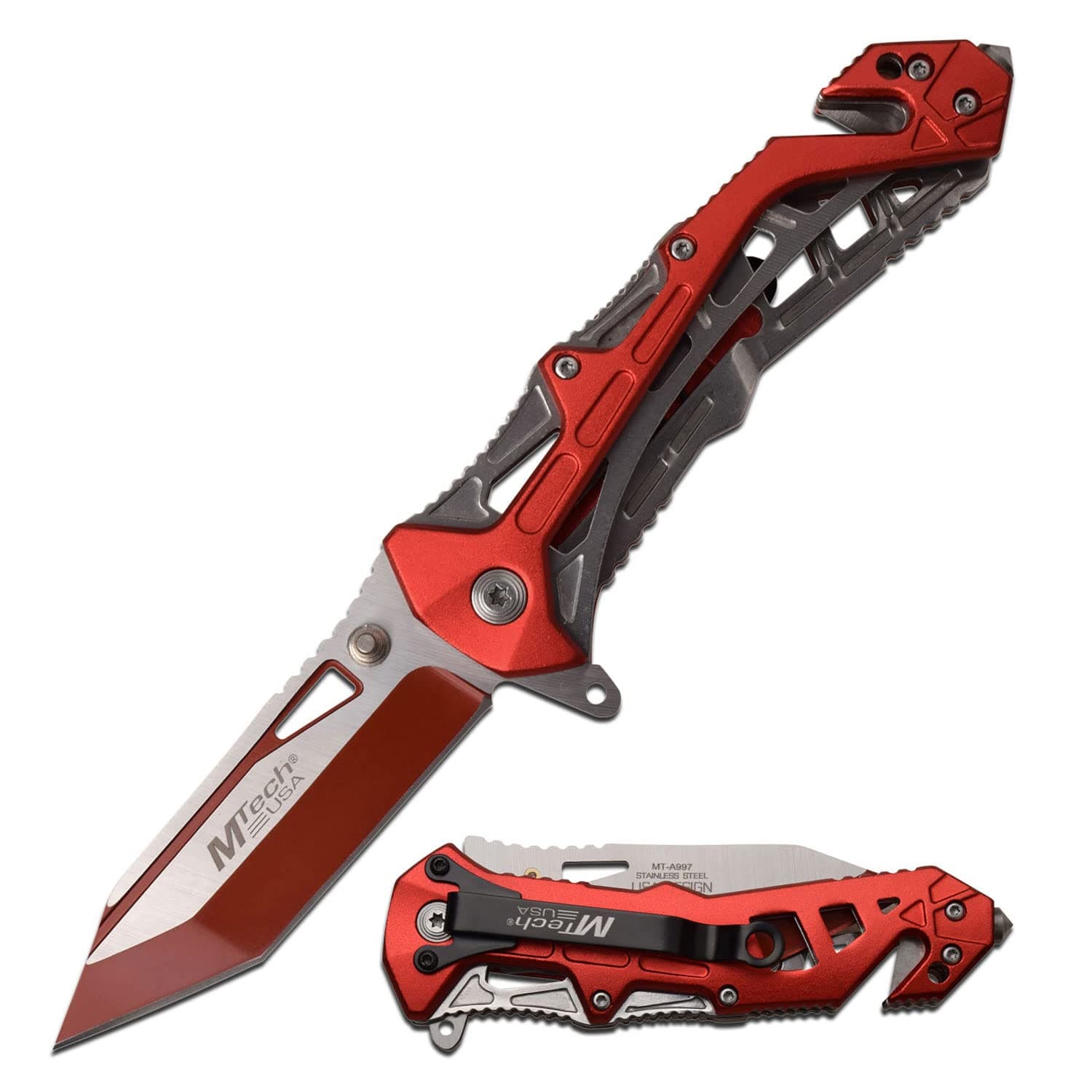 Folding Tactical Knife, 7.75" Overall, 3.25" Two Tone Tanto Blade, Aluminum Handle, Glass Breaker, EDC (Red)