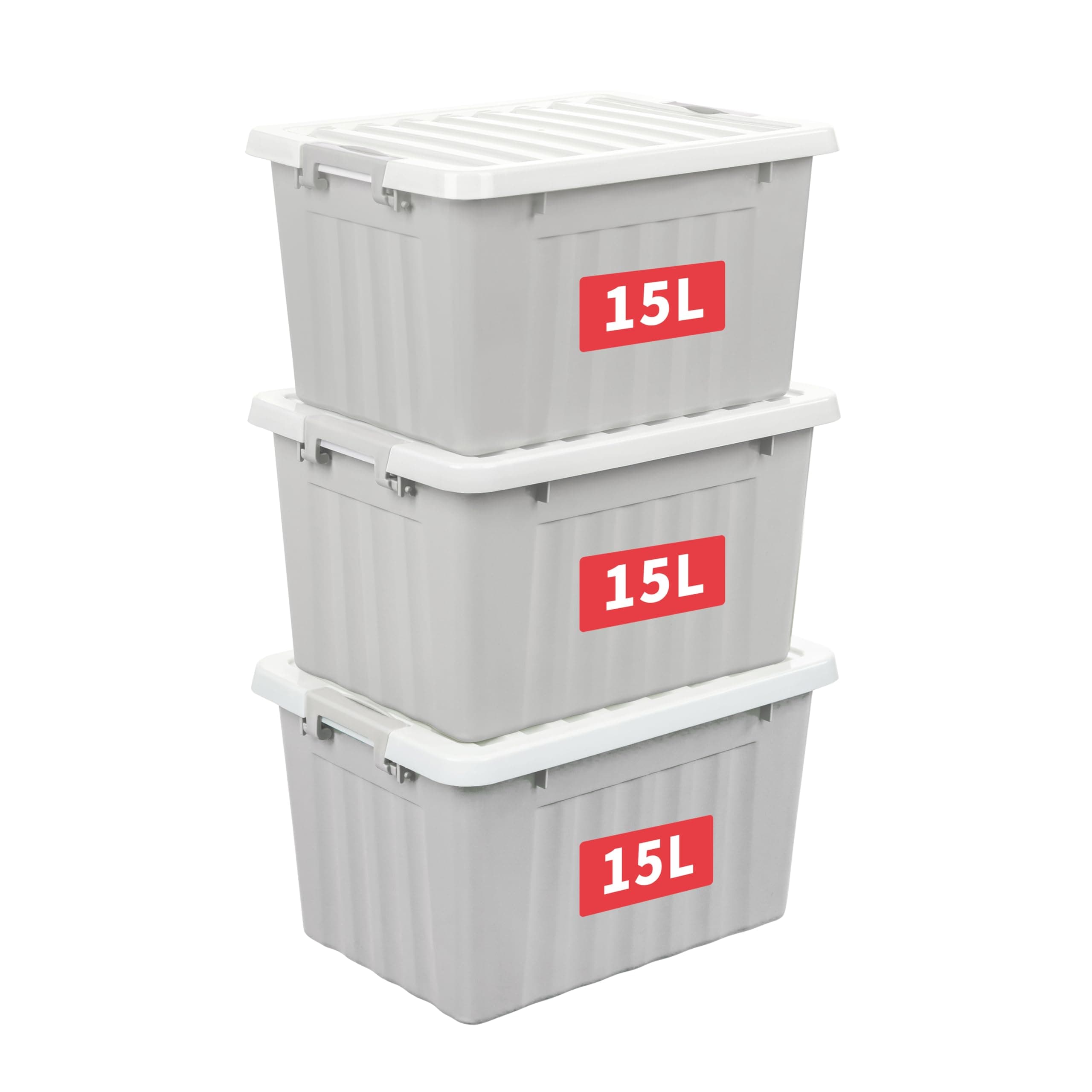 Cetomo 15L*3 Storage Boxes with Lids, Plastic Storage Box with Secure Side Latches, Stackable & Nestable Organizer for Home, Office, Moving, PP, Gray, 15L-3 Pack