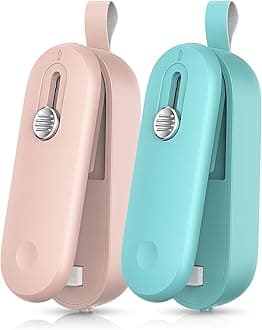 FEPPO Mini Bag Sealer 2-Pack, 2 in 1 Handheld Chip Bag Sealer Heat Seal and Cutter with Lanyard, Portable Resealer Machine for Plastic Bag Food Storage Snacks, Pink/Green (Batteries Included)