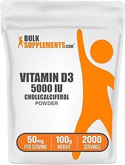 BulkSupplements.com Vitamin D3 Powder - Cholecalciferol, 5000 IU - Gluten Free, 50mg (125mcg of Vitamin D3) per Serving, 100g (3.5 oz) (Pack of 1)