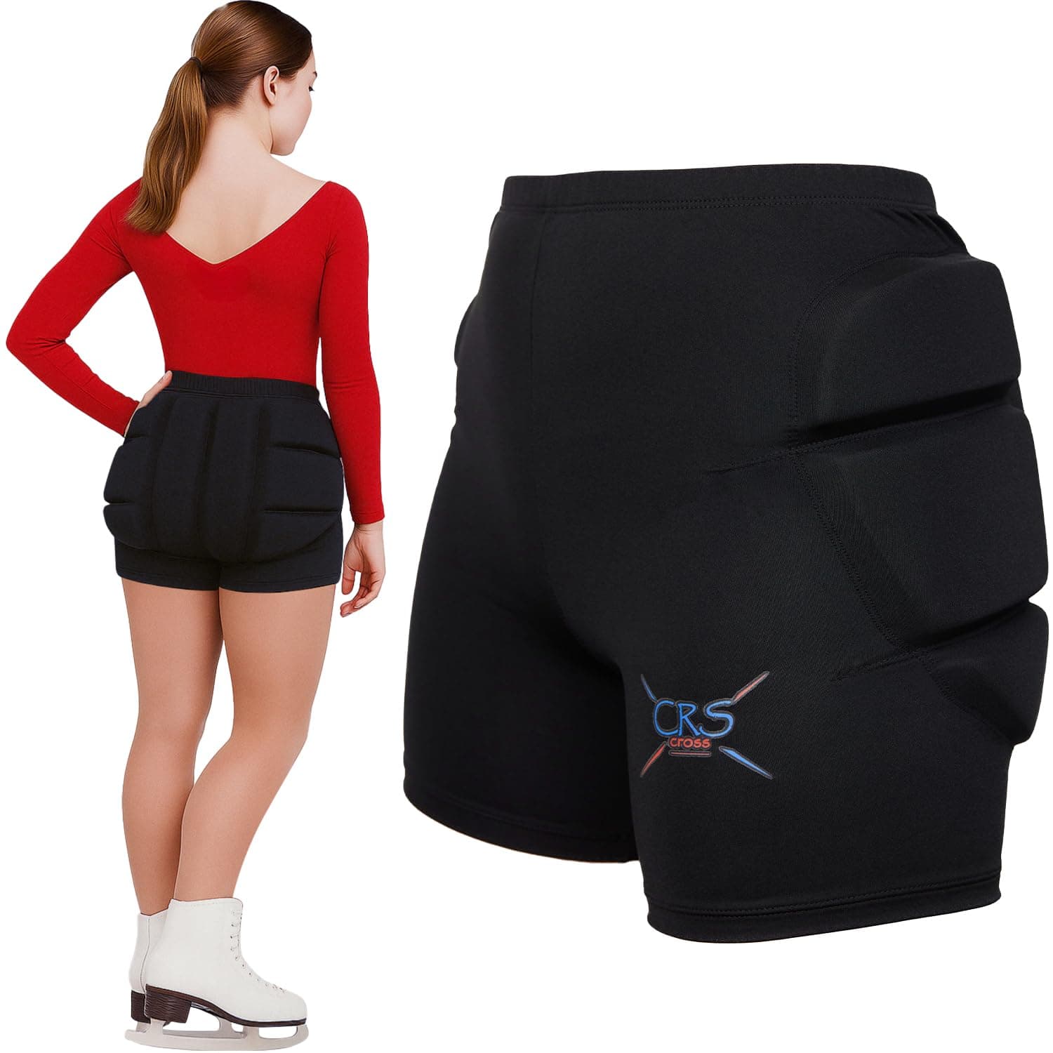 CRS Cross Padded Figure Skating Shorts. Crash Pad Pants for Roller, Inline, Ice Skating, Snowboarding, and Skiing. Fall Impact Protection for Butt, HIPS, and Tailbone