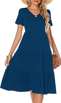 Women's Casual Summer Tiered Midi Dress 2025 Short Sleeve V-Neck Loose Cotton Ruffle Babydoll Dress Boho Sundress