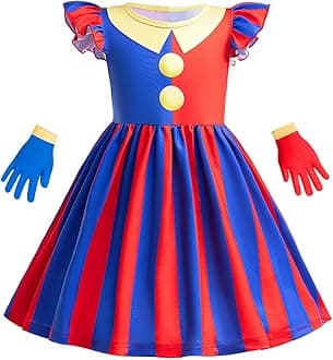 Pomni Clown Dresses for Girls, Kids The Amazing Digital Circus Cosplay Dress with Gloves for Halloween Carnival Birthday Party