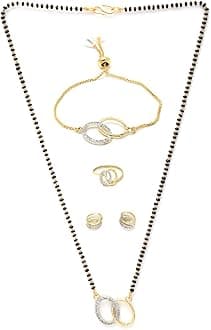 Jewellery Gold Plated Combo All In One Mangalsutra Tanmaniya Nallapusalu Necklace Pendant Black Bead Golden Chain Bracelet Ring Earrings For Women and Girls
