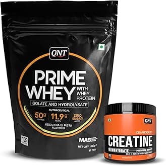 QNT Prime Whey Triple Blend Whey Protein, 500 G & Creatine 90 G Combo | Kesar Kaju Pista | High-Protein Muscle Gain & Strength Booster | Faster Recovery & Performance