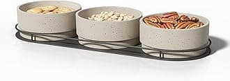 Ceramic Dip Serving Tray Set – 3 Appetizer Bowls with Metal Tray – Chip & Dip Set for Snacks, Sauces, Relishes – 14oz Bowls – Scandinavian Minimal Design – Dishwasher, Microwave & Oven Safe