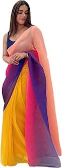 MISILYwomen's Full Crushed Georgette Tri-color saree with blouse piece