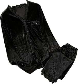 Velvet Pajamas Women Autumn Winter Sleepwear Long Sleeve Casual Nightwear Pyjamas Suit Loose Home Clothes Lace Trim Sleep Set, L, Black