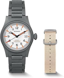 Men's Watch Titanium Automatic Field Watch 38mm Military Watch Day Date Function 100M Waterproof with Nylon Strap Japanese NH35 Mechanical Movement & Screw Down Crown—LANDMASTER