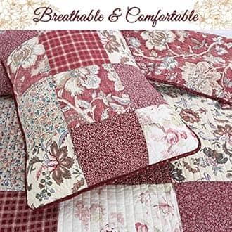 Cozy Line Home Fashions Eleanor Romantic Red Rose Floral Flower Pattern Real Patchwork 100% Cotton Reversible Quilt Set, Coverlet Bedspread (Red Floral, King - 3 Piece)