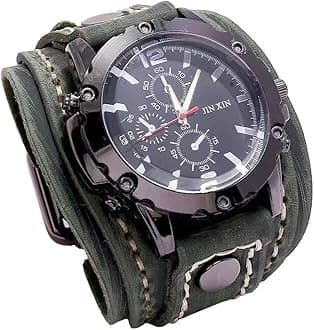 Handmade Sewn with Wax Rope Men Watches Vintage Punk Hiphop Gothic Wide Genuine Leather Fashion Cuff Round Quartz Wristwatch Big Dial Black Brown