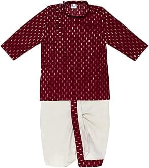 Boy's Cotton Kurta with Dhoti - Golden Thread Work, Side Button Kurta Set for Ethnic Wear