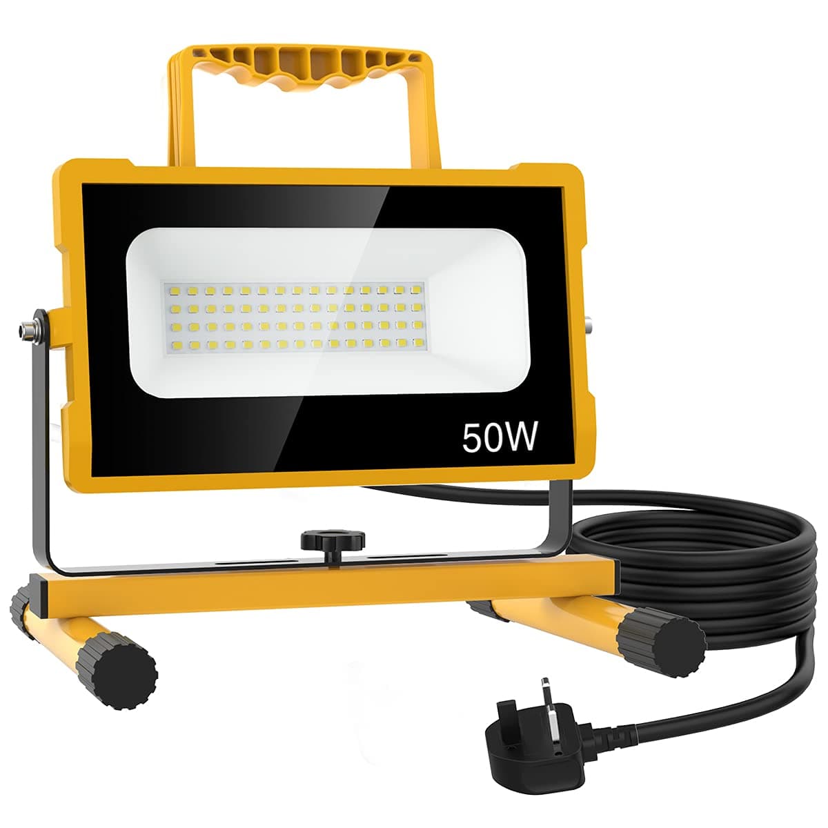 Olafus 50W LED Work Light, 2 Brightness Modes 25W 50W Job Site Lights, IP65 Waterproof Outdoor Floodlight with Stand, 2M Cable for Construction Site, Jetty, Workshop, Garage 6000K Daylight White