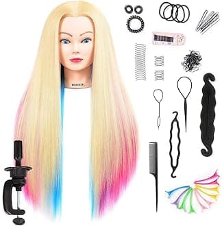 Mannequin Head with Long Synthetic Fiber Colorful Hair Styling Training Head 26-28inch Manikin Cosmetology Doll Head Hairdressing Training Model for Cutting Braiding Practice and Free Clamp Holder