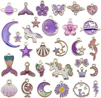 1 Set 31pcs DIY Mixed Assorted Gold Plated Enamel Charm Unicorn Flower Dress Fish Shell Moon Star Animals Pendant DIY for Necklace Bracelet Jewelry Making and Crafting Charms