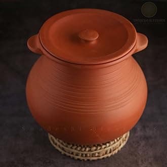 Swadeshi Blessings Handmade Exclusive Range Unglazed Clay HotCase/Earthen Pot for Cooking & Serving with Lid(Natural Firing Shade & Mirror Shine) (2 litres)