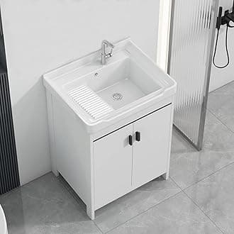 Bathroom Vanity with Ceramic Sink, Modern Bathroom Cabinet, Wooden Double Door Laundry Tub, Quick Assembly Hand Basin Washing Station for Garage, Restaurant, Laundry Room(59.5*36*82CM/23.4*14.1*32.2IN
