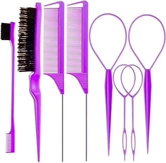8Pcs Hair Brushes Set with 4Pcs Topsy Hair Tail Tools 1Pcs Bristle Teasing Hair Brush 1Pcs Edge Control Brush 2Pcs Metal Pin Rat Tail Combs for Woman Girl Hair Styling,Edge&Back Brushing purple