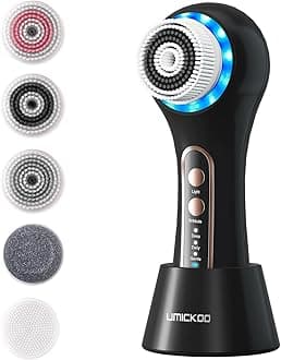 UMICKOO Face Scrubber Exfoliator,Facial Cleansing Brush Rechargeable IPX7 Waterproof with 5 Brush Heads,Electric Face Spin Brush for Exfoliating, Massaging and Deep Cleansing (Black+Gold)
