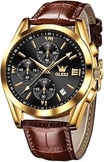 OLEVSWatches for Men Brown Leather Gold Case Analog Quartz Fashion Business Dress Watch Day Date Luminous Waterproof Casual Male Wrist Watches