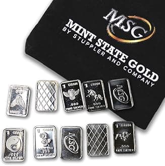 - Ten (10) One Gram .999 Pure Silver Bars with Random Designs in a Jewelry Pouch by Mint State Gold