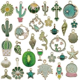 1 Set 31pcs DIY Mixed Assorted Gold Plated Enamel Charm Unicorn Flower Dress Fish Shell Moon Star Animals Pendant DIY for Necklace Bracelet Jewelry Making and Crafting Charms