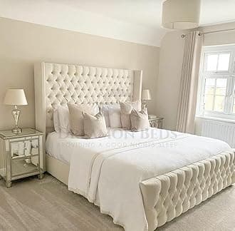 Wingback Bed Frame Double King Size Super King (Cream Plush, 6ft Super King With Mattress with Gaslift Storage)