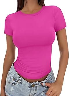 Trendy Queen Womens Basic T Shirts Summer Tops 2026 Crop Short Sleeve Slim Fit Tee Cute Gym Workout Clothes