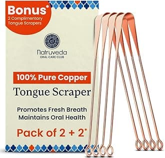 Natruveda Copper Tongue Scraper - Metal Oral Hygiene Tool for Kids, Reusable Mouth Scraper & Cleaner, Premium Copper Design, Fresher Breath & Debris Removal, Travel-Friendly, USA-Based Seller - 4-PACK