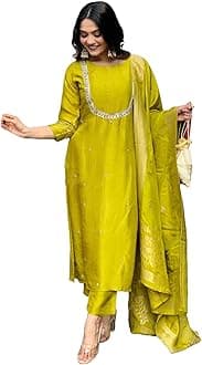 GoSriKi Women's Silk Blend Straight Embroidered Kurta with Pant and Dupatta