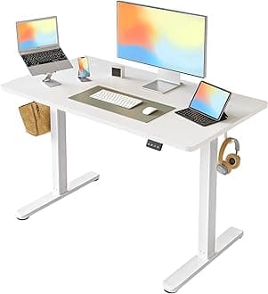 FEZIBO Height Adjustable Electric Standing Desk, 100 * 60 cm Stand up Table, Rising desk, Sit Stand Home Office Desk with Splice Board, White Frame/White Top