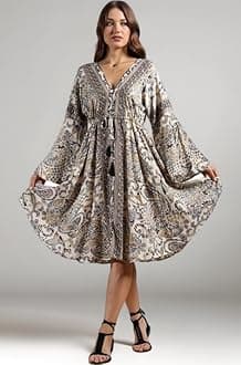 KE KANHA EXPORTS Dress for Woman|Boho Dresses for Women|Beach Wear|Border Print|Adjustable Tassel at Waist|Vacation Boho Casual|Multicolor|Easily fits S-M-L|Bust 32-38 in|Length 40 in