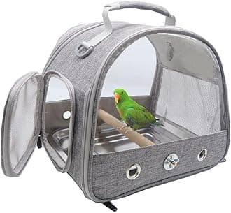 Bird Travel Carrier with Standing Perch and stainless Steel Tray,Breathable Collapsible Small Bird Carrier Travel Bag for Parrot Parakeet Small Animals for travel hiking Camping (Grey)