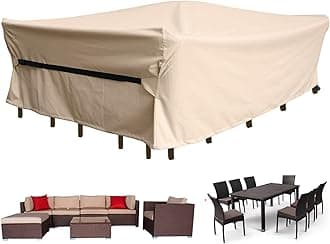 Patio Furniture Set Covers Waterproof Heavy Duty 600D Outdoor Sectional Sofa Couch Set Cover Patio Conversation Sets Cover Outdoor Dining Set Table and Chairs Covers 126.5" L x 63.5" W Beige
