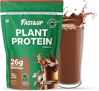 Fast&Up Plant Protein Powder with Rich Chocolate Flavour | Pea Isolate & Rice Protein | 26gm Protein Per Serve | Complete Amino Acids with 4.6g BCAA | Smooth & Tasty with No Added Sugar | Easy to Digest | Tested & Certified, 1kg Pouch