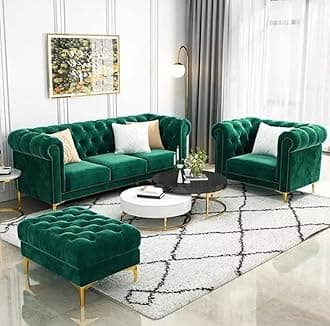 ANTIQUE WOOD ART Modern & Classic 4 Seater Fabric & Valvet Tufted 3+1+1 Footrest Chesterfield Sofa for Living Room, Dining Room and Office-(Green D).