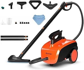 Multipurpose Steam Cleaner with 19 Accessories, Heavy Duty Household Steamer Chemical-Free Cleaning, 1.5L Dual-Tank Rolling Cleaning Machine for Carpet, Floor, Window and Car, Orange+Black