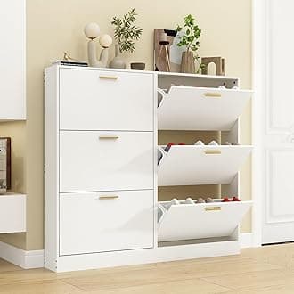 Shoe Cabinet for Entryway Set of 2, Narrow Shoe Storage Cabinet with 3 Flip Drawers, Wood Hidden Shoe Storage, Freestanding Shoe Organizer for Hallway, Bedroom, Apartment, White