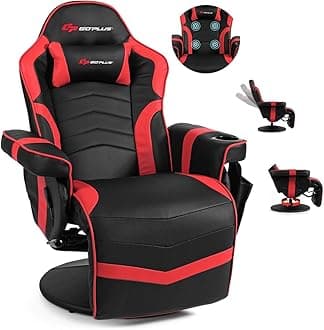 POWERSTONEGaming Recliner Massage Gaming Chair with Footrest Ergonomic PU Leather Single Sofa with Cup Holder Headrest and Side Pouch, Adjustable Living Room Chair Seating, Red
