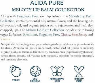 Melody Lip Balm Collection, Vegan Set, Beeswax Free, with Organic Jojoba and Avocado Oil, Vitamin E, Natural Moisturizer for Dry, Chapped Lips, 5 Tube Set